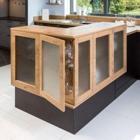 Grey Plinths, Wood & Glass Cabinets